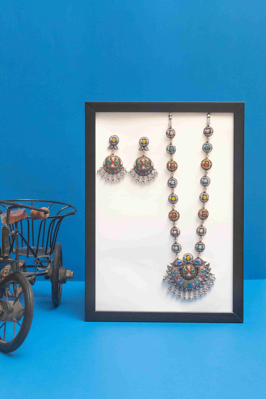 Oxodise Central Floral Crescent Pendant Multi Necklace with Cabochons