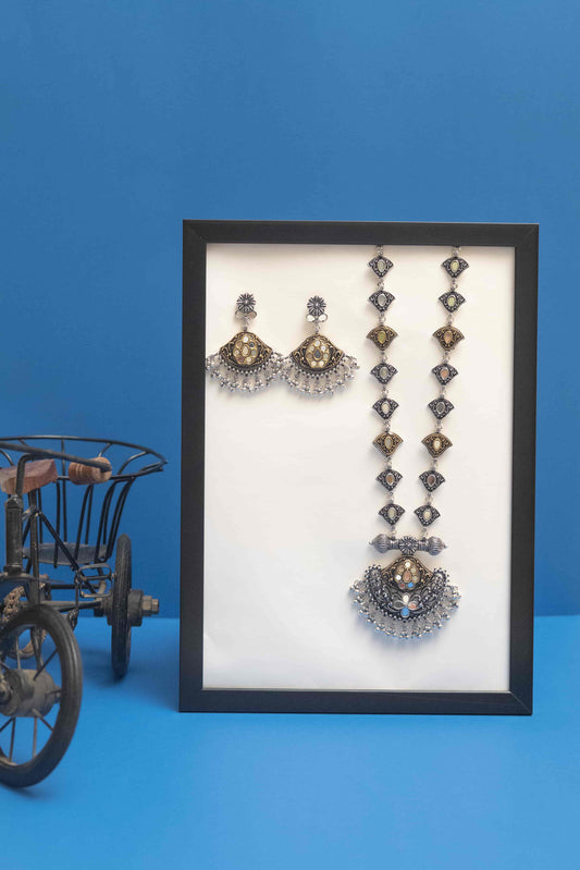Silver Look-Alike Mirror Crescent Pendant Necklace with Dangling Beads