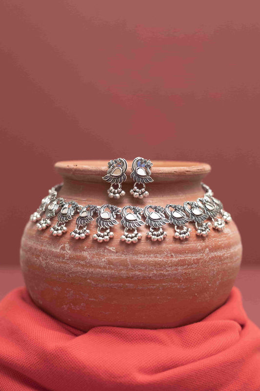 Oxodise Mirror Peacock Choker Necklace with Hanging Bells