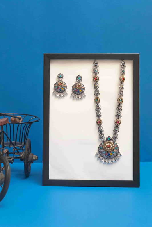Oxodise Teardrop Pendant Necklace with Multicolor Cabochons & Bells
