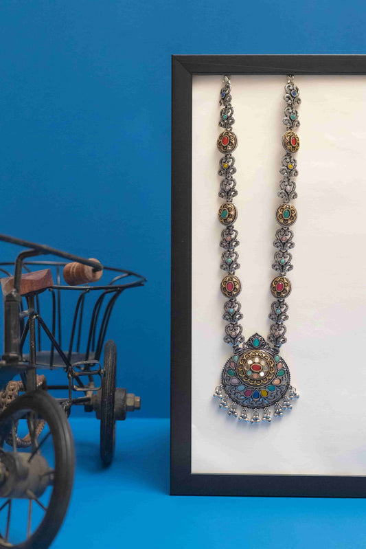 Oxodise Teardrop Pendant Necklace with Multicolor Cabochons & Bells