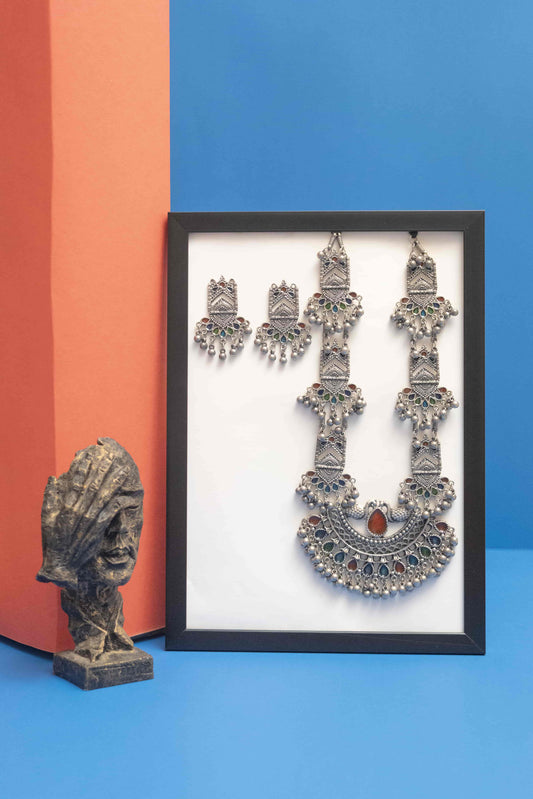 Oxodise Meena Crescent Pendant Necklace with Geometric Patterns