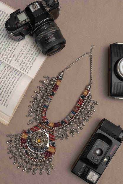Ethnic Fabric Necklace with Antique Silver Detailing