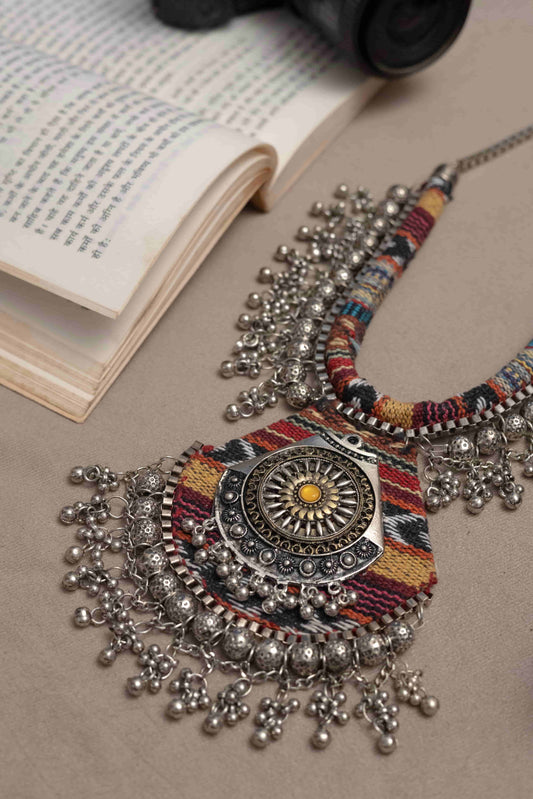 Ethnic Fabric Necklace with Antique Silver Detailing