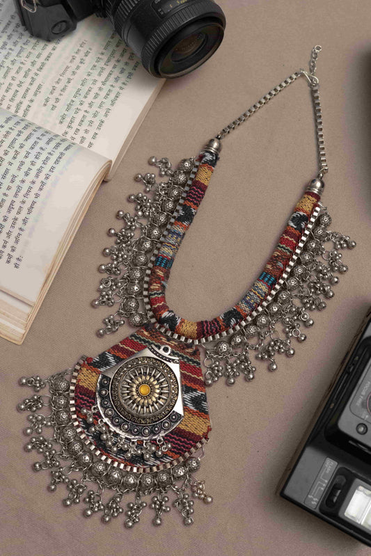 Ethnic Fabric Necklace with Antique Silver Detailing