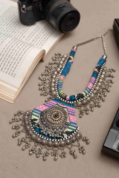 Ethnic Fabric Necklace with Antique Silver Detailing
