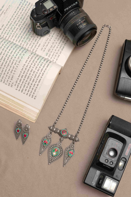 Silver Look-Alike Chain Pendant with Red-Green Accents