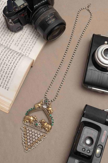 Silver Look-Alike Two Tone Necklace with Cow Motif
