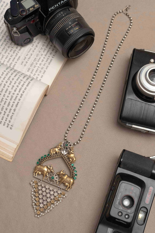 Silver Look-Alike Two Tone Necklace with Cow Motif