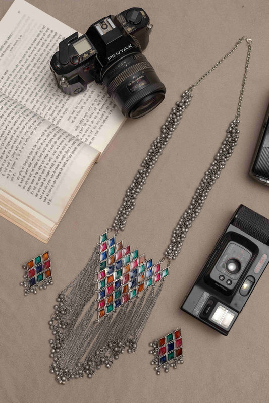 Oxodise Multicolor Meena Triangle Pendant Necklace