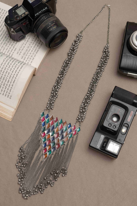 Oxodise Multicolor Meena Triangle Pendant Necklace