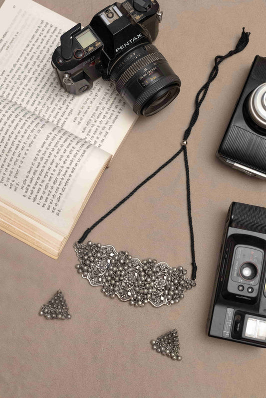 Silver Look-Alike Choker Necklace with Intricate Floral Motif