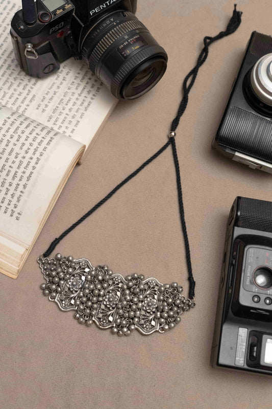 Silver Look-Alike Choker Necklace with Intricate Floral Motif