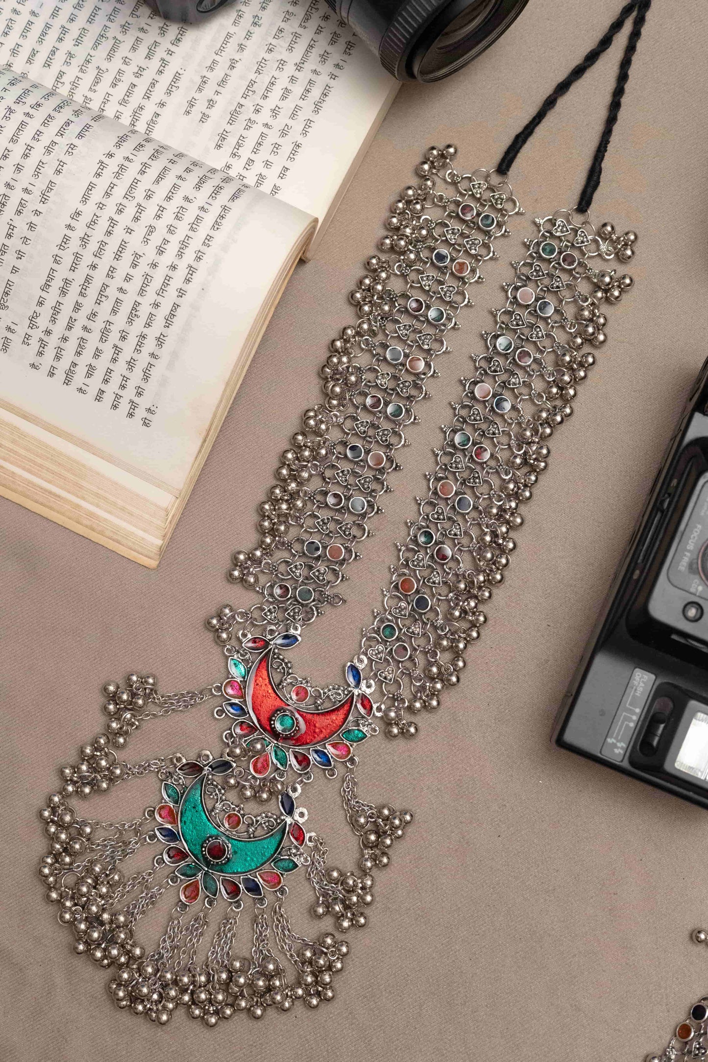 Oxidized Meena Work Necklace Featuring Vibrant Colored Stones