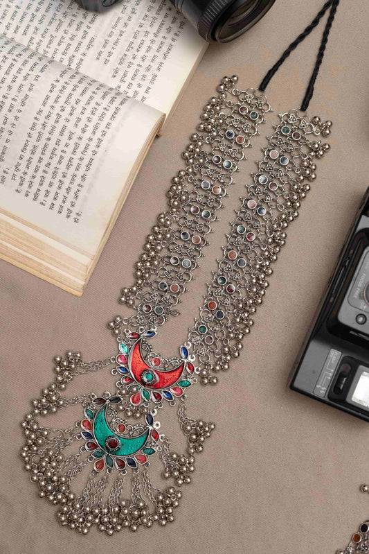 Oxidized Meena Work Necklace Featuring Vibrant Colored Stones