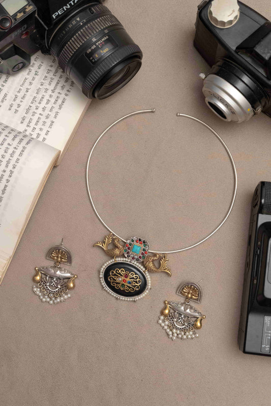 Silver Look-Alike Choker with Ornate Pendant and Earrings