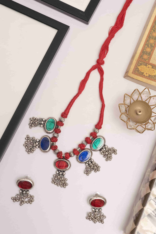 Oxidized Meenakari Necklace with Multicolor Stones
