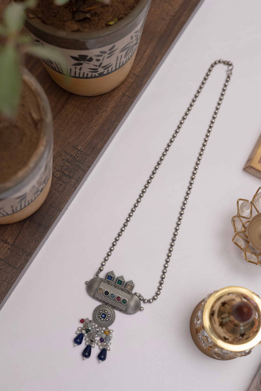 Silver Look-Alike Tribal Pendant with Multicolour Beads