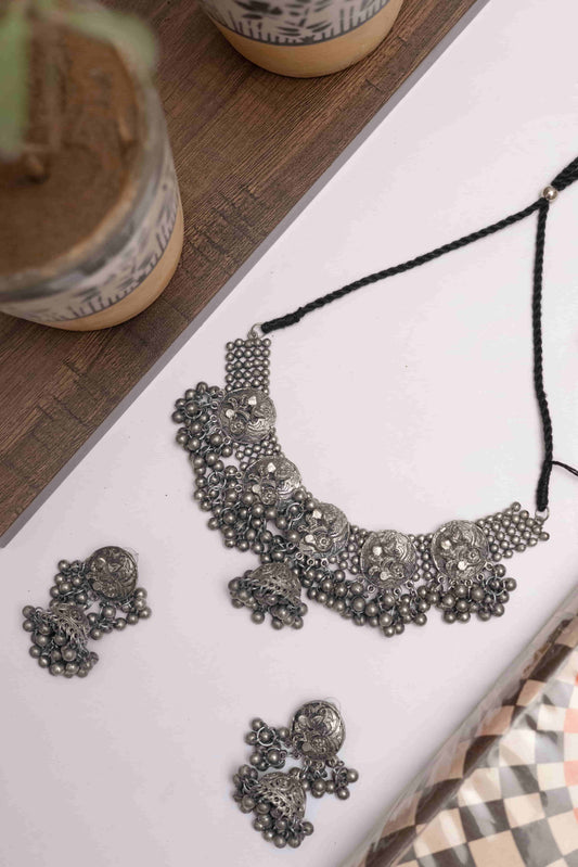 Silver Look-ALike Choker Set with Matching Jhumkas