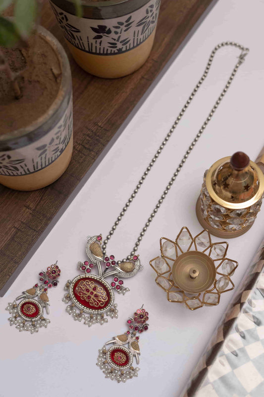 Silver Look-ALike Peacock Pendant Set with Stone & Pearl Drops