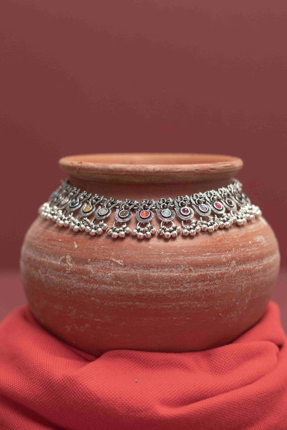 Oxodise Multicolor Round Cabochons Choker with Dangling Beads
