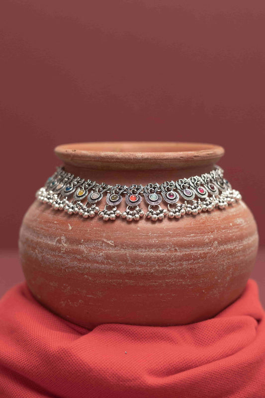 Oxodise Multicolor Round Cabochons Choker with Dangling Beads