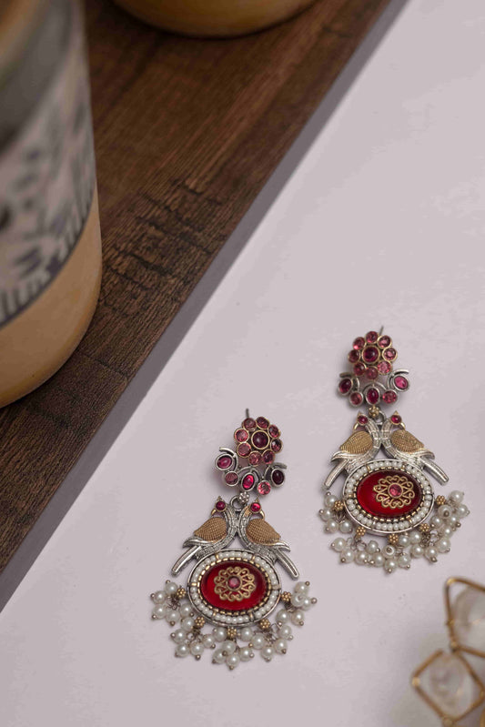 Silver Look-ALike Peacock Pendant Set with Stone & Pearl Drops