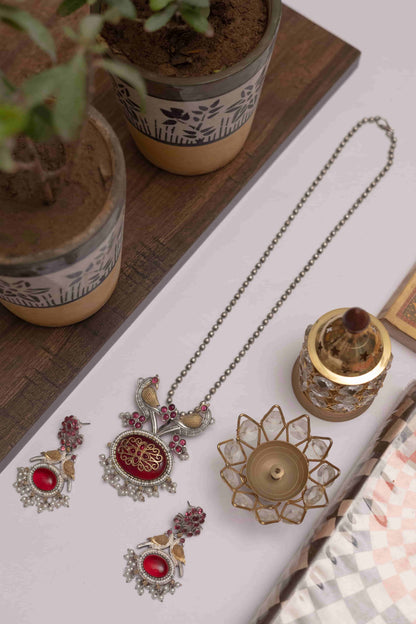 Silver Look-ALike Peacock Pendant Set with Stone & Pearl Drops