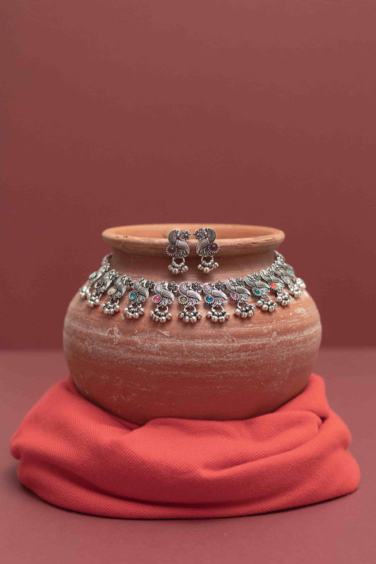 Oxodise Peacock Motif Choker with Multicolor Cabochons