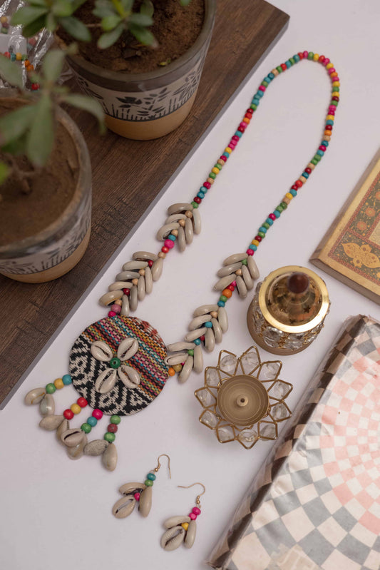 Fabric Necklace with Round Charm & Dangling Kodi