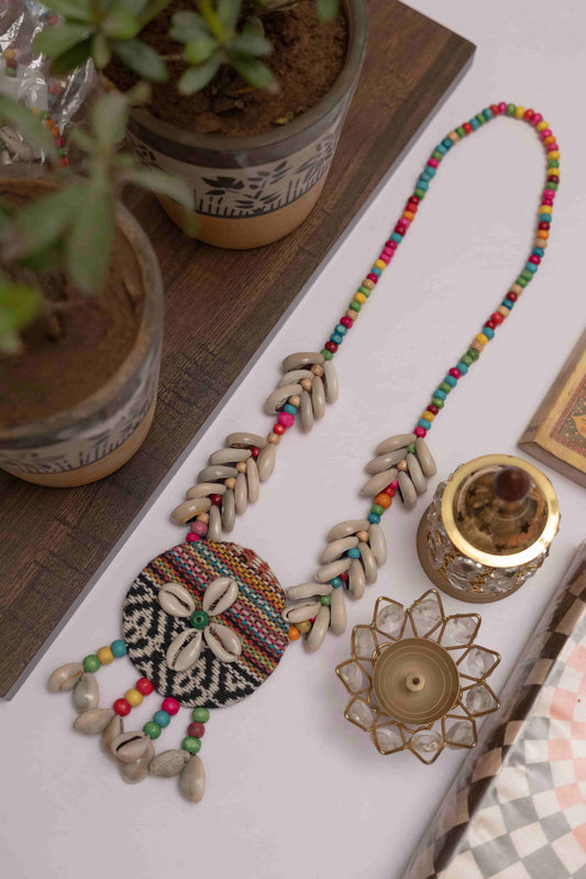 Fabric Necklace with Round Charm & Dangling Kodi