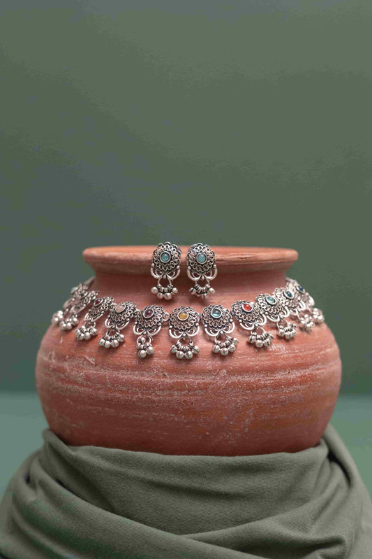 Oxodise Choker Necklace with Flower Motifs & Multicolor Cabochons