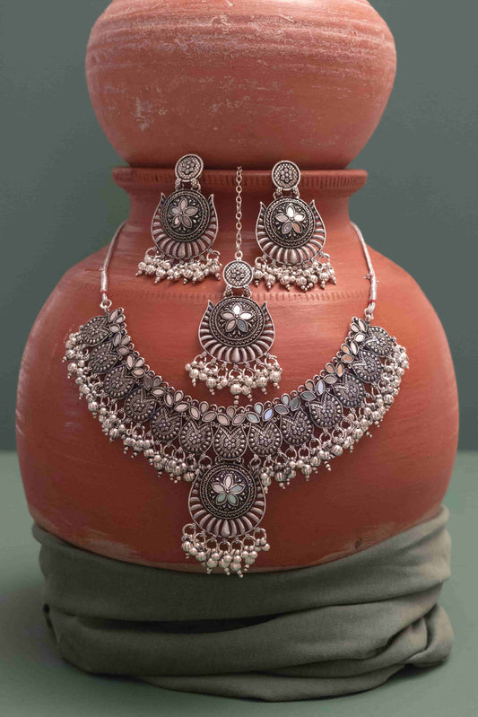 Oxodise Combo Mirror Floral Necklace with Hanging Bells