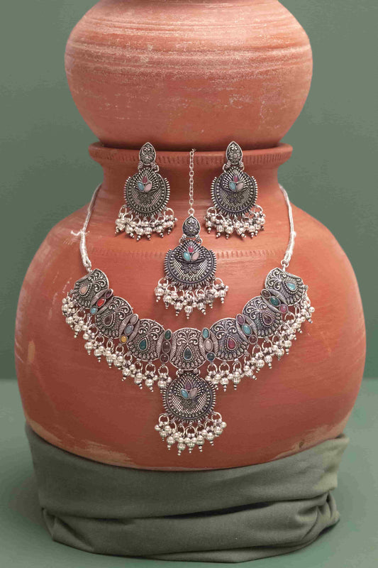 Oxodise Combo Multi Choker Necklace with Teardrop Cabochons