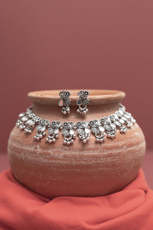 Oxodise Mirror Floral Choker Necklace with Earrings