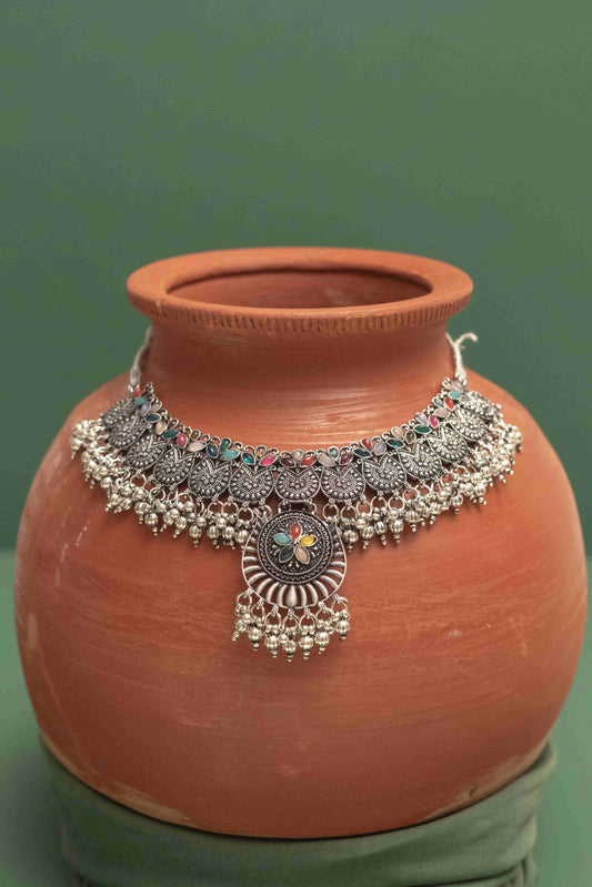 Oxodise Combo Choker Necklace with Teardrop Cabochon Flowers