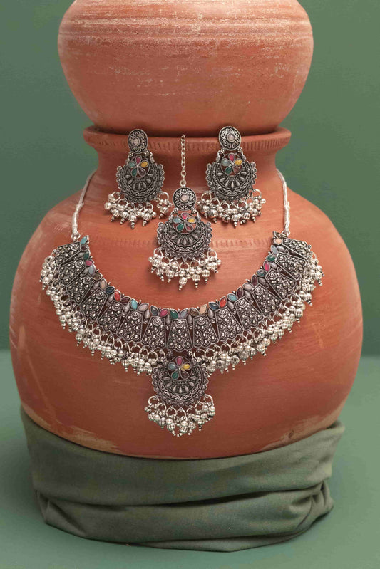 Oxodise Combo Multiicolor Cabochon Chocker Necklace with Bells