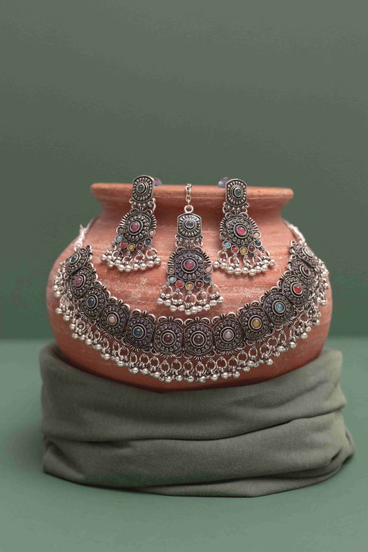 Oxodise Combo Choker Necklace with Round Multicolor Cabochons
