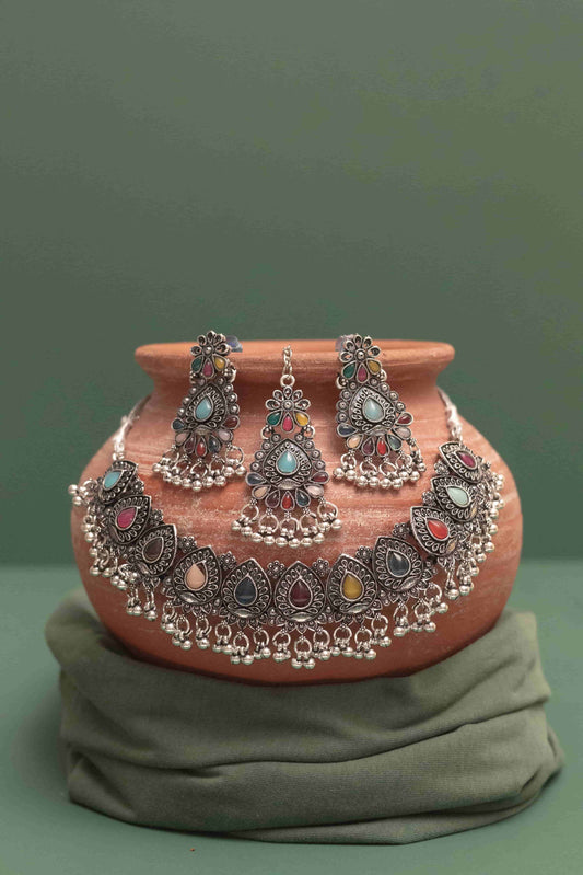 Oxodise Combo Multi Teardrop Choker Necklace with Dangling Beads