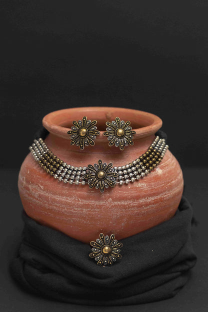 Oxodise Combo Two Tone Choker with Floral Charm & Tika