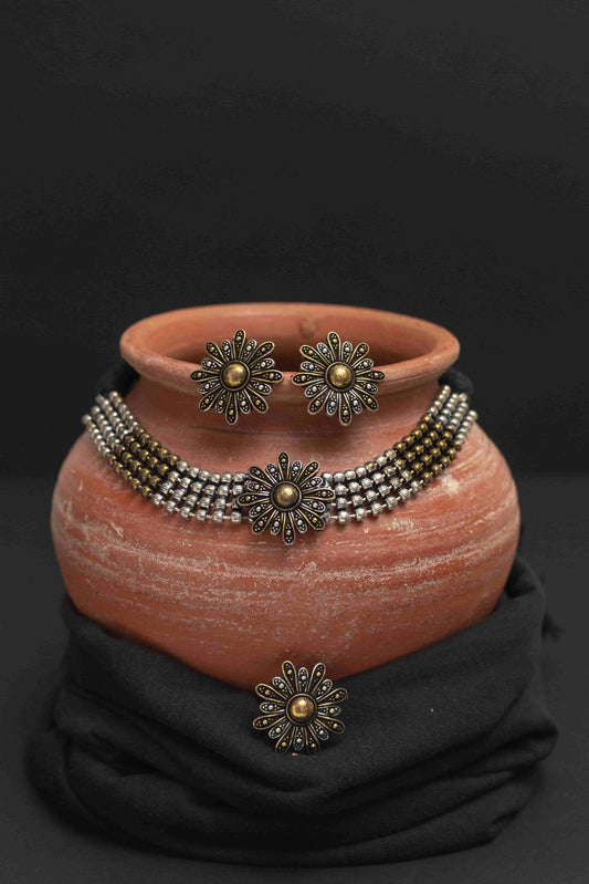 Oxodise Combo Two Tone Choker with Floral Charm & Tika