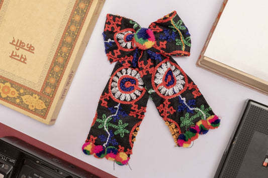 Fabric Floral Hair Bow with Dangling Pom Poms
