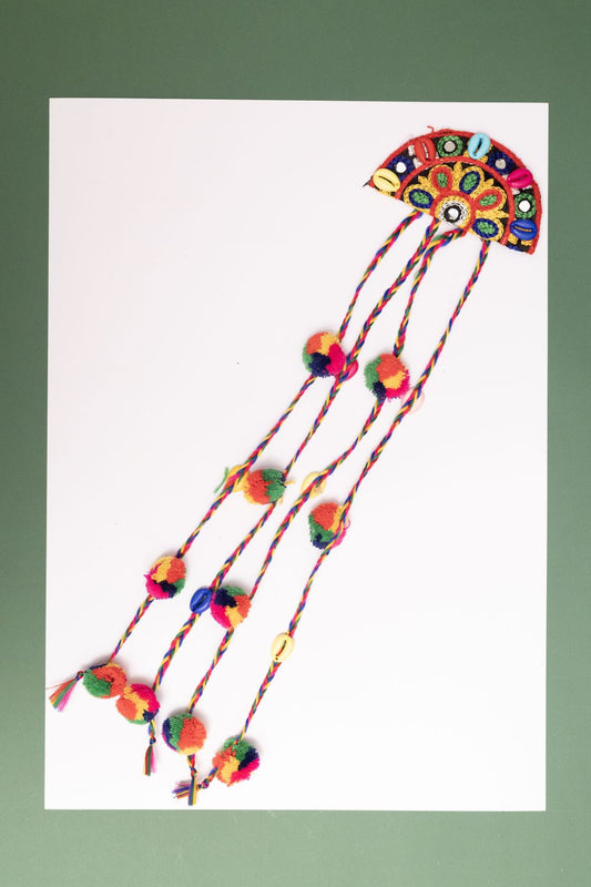 Fabric Long Hair Bow with Multicolor Kodi & Dangling Pom Poms