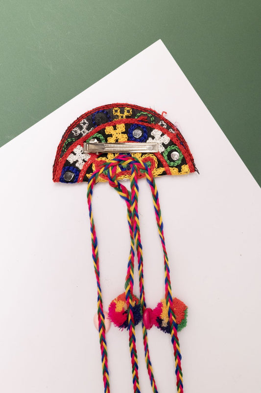 Fabric Long Hair Bow with Multicolor Kodi & Dangling Pom Poms