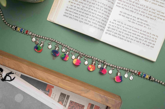 Oxodise Belt with Hanging Colorful Fabric Pom Poms