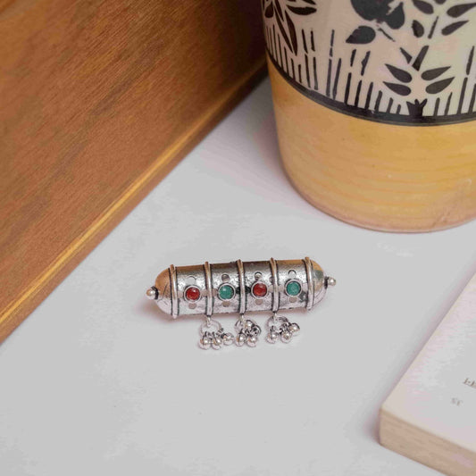 Silver Look-Alike Ring with Colorful Cabochons & Bell Charms